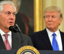 U.S. Secretary of State Rex Tillerson, accompanied by U.S. President Donald J. Trump, speaks after his swearing-in ceremony on February 1, 2017. (Photo: Reuters)