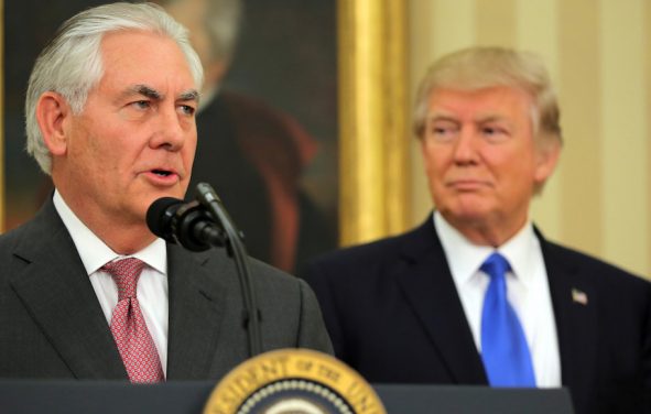 U.S. Secretary of State Rex Tillerson, accompanied by U.S. President Donald J. Trump, speaks after his swearing-in ceremony on February 1, 2017. (Photo: Reuters)