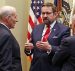 Dr. Sebastian Gorka, center, talks with Homeland Security Secretary John F. Kelly, left, before a meeting with President Donald Trump on cyber security at the White House in January. (Photo: AP)