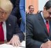 President Donald Trump signs an executive order, left, while Venezuela's President Nicolas Maduro, right, attends a signing ceremony. (Photos: Reuters/Miraflores Palace/Handout)