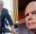 President Donald Trump, left, poses for a portrait in the Oval Office, while Senator John McCain, right, of Arizona speaks with reporters. (Photos: AP)