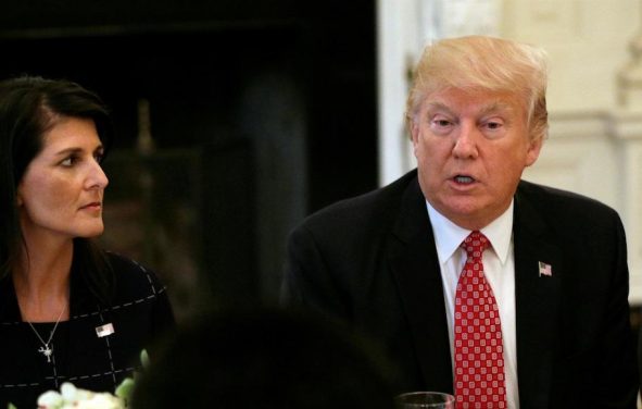 U.S. Ambassador to the United Nations Nikki Haley and President Donald Trump attend a working lunch with ambassadors on the UN Security Council. (Photo: Reuters)