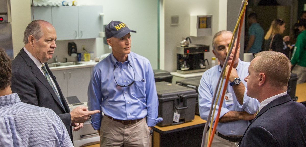 Florida Governor Rick Scott meets with officials in Monroe County ahead of Hurricane Irma on September 6, 2017.