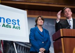 Sens. Amy Klobuchar, D-Minn., and Mark Warner, D-Va., conduct a news conference in the Capitol on the Honest Ads Act which aims to make online political ads more transparent on October 19, 2017. (Photo: AP)