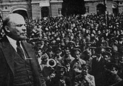 Vladimir Lenin rallies a huge crowd of supporters before storming the Winter Palace during the Bolshevik Revolution.