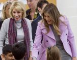 Secretary of Education Betsy DeVos, left, and First Lady Melania Trump chat with students during a visit to Orchard Lake Middle School in West Bloomfield, Mich., Monday, Oct. 23, 2017. (AP)