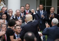 U.S. President Donald Trump, center, celebrates with Congressional Republicans in the Rose Garden of the White House after the U.S. House of Representatives and Senate approved the American Healthcare Act, to repeal major parts of ObamaCare and replace it with the Republican healthcare plan, in Washington, U.S., May 4, 2017. (Photo: Reuters)