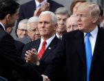 President Donald Trump shakes hands with House Speaker Paul Ryan of Wis., as Vice President Mike Pence and Congressional Republicans look on during a celebratory bill passage event following the final passage of the Tax Cuts and Jobs Act by Congress. (Photo: AP)