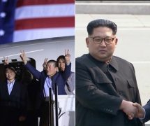 President Donald Trump, left, greets Tony Kim, Kim Hak Song, seen in the shadow, and Kim Dong Chul, three Americans detained in North Korea. North Korean leader Kim Jong Un, center right, shakes hands with South Korean President Moon Jae-in, right, on April 27, 2018. (Photos: AP/Reuters)