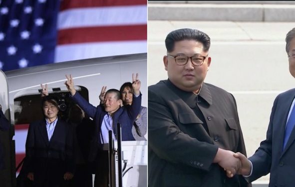 President Donald Trump, left, greets Tony Kim, Kim Hak Song, seen in the shadow, and Kim Dong Chul, three Americans detained in North Korea. North Korean leader Kim Jong Un, center right, shakes hands with South Korean President Moon Jae-in, right, on April 27, 2018. (Photos: AP/Reuters)