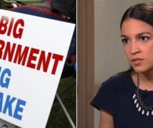 Alexandria Ocasio-Cortez, right, during a widely criticized interview with PBS, and a protestor resting next to a sign that reads, Big Government Big Mistake. (Photos: Screenshot/Fair Use)