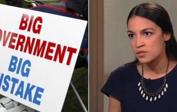 Alexandria Ocasio-Cortez, right, during a widely criticized interview with PBS, and a protestor resting next to a sign that reads, Big Government Big Mistake. (Photos: Screenshot/Fair Use)