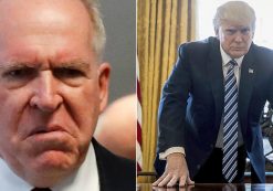 Former CIA Director John Brennan, left, and President Donald Trump, right, posing for a portrait in the Oval Office. (Photos: AP/Reuters)