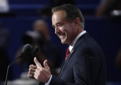 U.S. Representative Chris Collins (R-NY) flashes a thumbs-up before delivering his nomination speech at the Republican National Convention in Cleveland, Ohio, U.S. July 19, 2016.