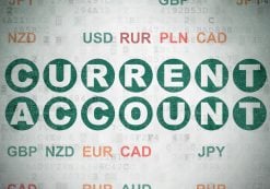 Current account balance concept: painted green text Current Account on digital data paper background with currency. (Photo: AdobeStock)