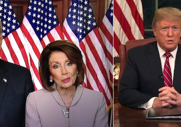 Senate Minority Leader Chuck Schumer, D-N.Y., and House Speaker Nancy Pelosi, D-Calif., give a rebuttal to the first Oval Office address delivered by President Donald Trump, right, on January 9, 2019. (Photos: Video Screenshots/PPD)