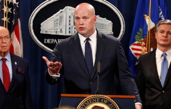 Acting Attorney General Matthew Whitaker, center, FBI Director Christopher Wray, right, and Commerce Secretary Wilbur Ross, left, announce indictments against Chinese telecommunications conglomerate Huawei. (Photo: Screenshot)