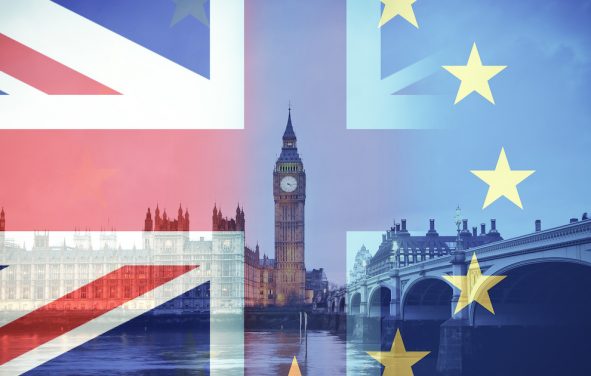 Flags of United Kingdom (UK) and European Union (EU) combined over British icons of London, for a Brexit concept. (Photo: AdobeStock)