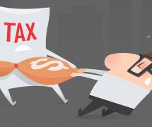 Cartoon businessman having a tug-of-war with the taxman to avoid paying taxes. (Photo: AdobeStock/PPD/Adiano)