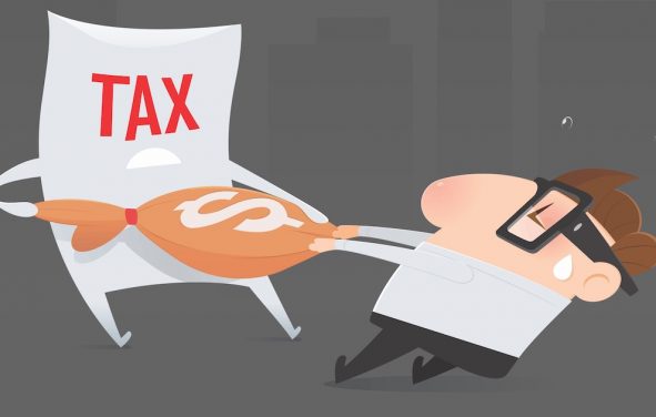 Cartoon businessman having a tug-of-war with the taxman to avoid paying taxes. (Photo: AdobeStock/PPD/Adiano)