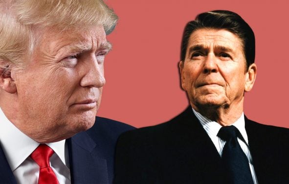 Presidents Donald Trump, left, and Ronald Reagan, right, graphic concept.