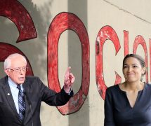 Un mur de propagande, or a propaganda wall, promoting socialism behind Senator Bernie Sanders, D-I, Vt., left, and Alexandria Ocasio-Cortez, D-N.Y., right.