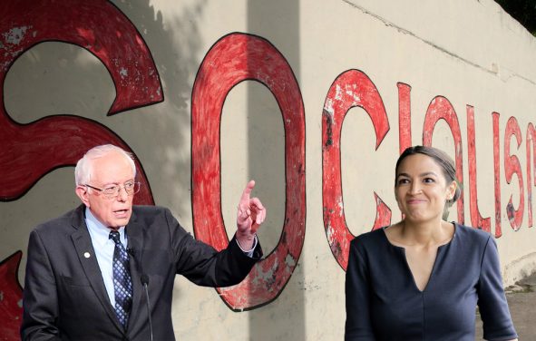 Un mur de propagande, or a propaganda wall, promoting socialism behind Senator Bernie Sanders, D-I, Vt., left, and Alexandria Ocasio-Cortez, D-N.Y., right.