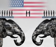 American conservative agreement and Republican reconciliation concept as two mountain cliffs shaped as an elephant symbol coming together as an American political accord symbolized as a 3D illustration. (Photo: AdobeStock)