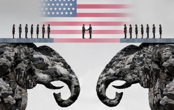 American conservative agreement and Republican reconciliation concept as two mountain cliffs shaped as an elephant symbol coming together as an American political accord symbolized as a 3D illustration. (Photo: AdobeStock)