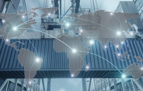 Import, Export, Logistics concept - Map global partner connection of Container Cargo freight ship for Logistic Import Export background (Photo: AdobeStock/Elements of this image furnished by NASA)