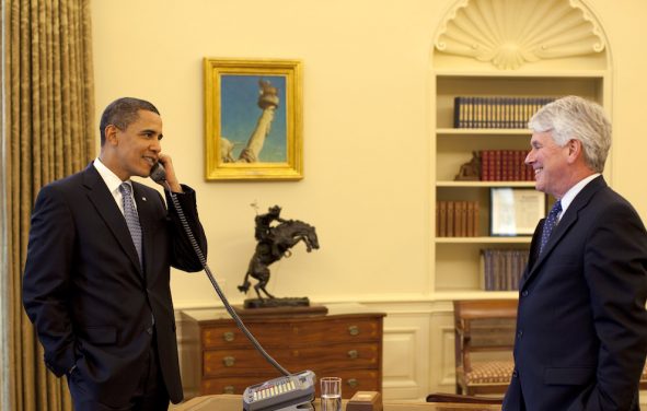 Former President Barack Obama and former White House Counsel Gregory Craig talk with Supreme Court Justice David Souter during an Oval Office phone call on Friday, May 1, 2009. (Photo: Official White House Photo by Pete Souza)