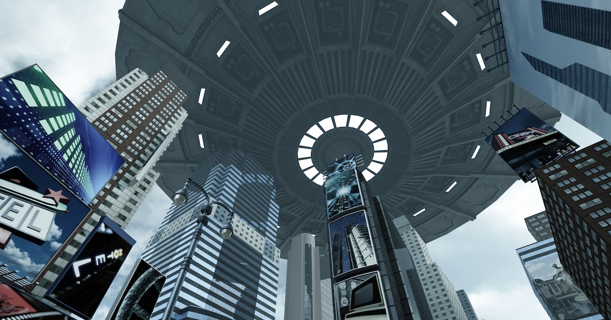 An Alien UFO above Time Square in Manhattan, New York City, New York. (Photo: AdobeStock)