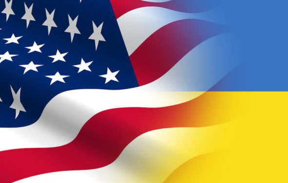 A graphic concept of U.S.-Ukraine relations depicting the American and Ukrainian flags. (Photo: AdobeStock)