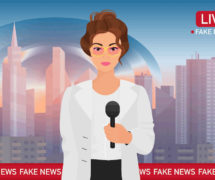 Graphic concept for the media industry depicting an anchorman woman with a city background delivering a fake breaking news tv broadcast for a news organization. (Photo: AdobeStock)