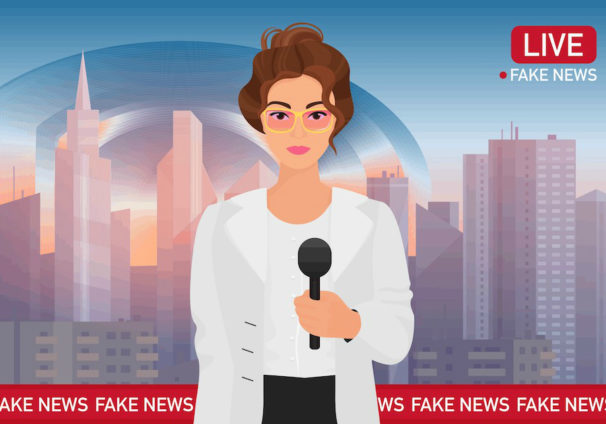 Graphic concept for the media industry depicting an anchorman woman with a city background delivering a fake breaking news tv broadcast for a news organization. (Photo: AdobeStock)