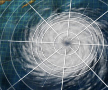 Hurricane graphic with digital monitoring analysis graph as a dangerous natural disaster weather system off an ocean coast in a 3D illustration style.