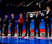 2020 Democratic presidential candidates from left to right: Amy Klobuchar, Minn., Cory Booker, N.J., Pete Buttigieg, Ind., Bernie Sanders, Vt., Joe Biden, De., Elizabeth Warren, Mass., Kamala Harris, Calif., Andrew Yang, Calif., Francis Beto O'Rourke, Texas, and Julian Castro, Texas, meet at the ABC News debate in Houston, Texas.