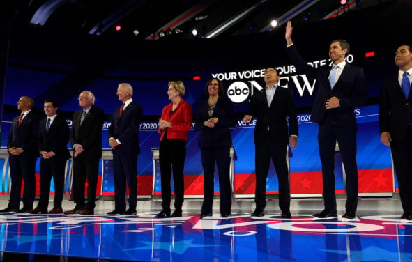 2020 Democratic presidential candidates from left to right: Amy Klobuchar, Minn., Cory Booker, N.J., Pete Buttigieg, Ind., Bernie Sanders, Vt., Joe Biden, De., Elizabeth Warren, Mass., Kamala Harris, Calif., Andrew Yang, Calif., Francis Beto O'Rourke, Texas, and Julian Castro, Texas, meet at the ABC News debate in Houston, Texas.