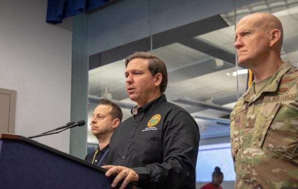 Republican Florida Governor Ron DeSantis briefs reporters on preparations ahead of Hurricane Dorian on August 31, 2019.