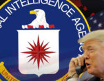 Donald Trump over a graphic concept of the Central Intelligence Agency (CIA).