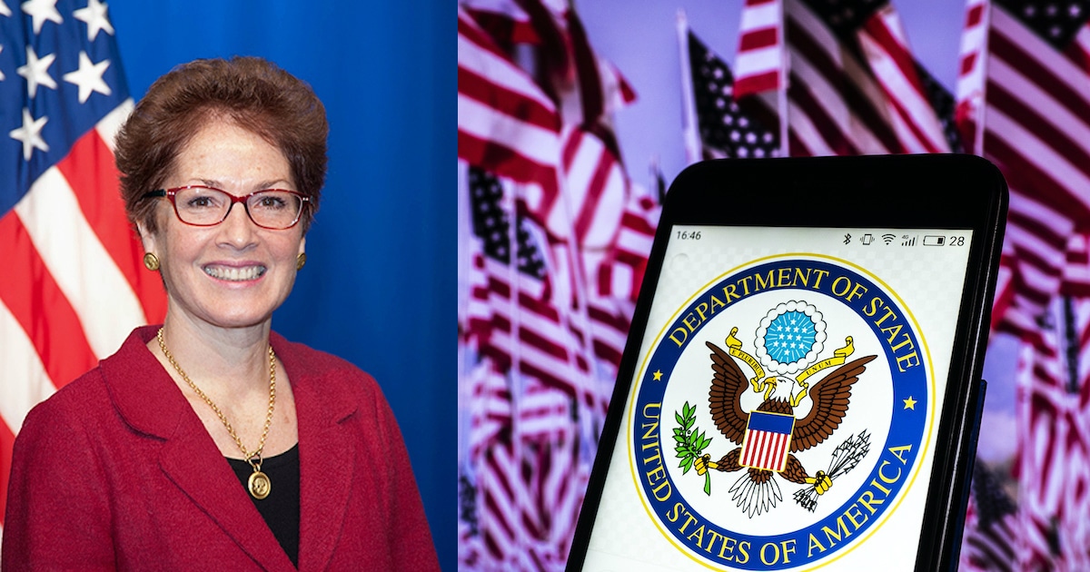 Marie Yovanovitch, the former U.S. Ambassador to Ukraine, left, and a graphic illustration of the U.S. State Department as seen on a mobile device in Kiev. (Photo: State Department/AdobeStock)