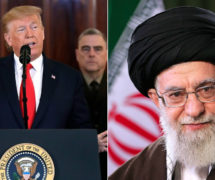 U.S. President Donald J. Trump, left, delivering remarks at the White House after the ineffective Iran missile attack on U.S. and allies in Iraq on Wednesday, January 8, 2020, and Iran Supreme Leader Ayatollah Ali Khamenei, right.