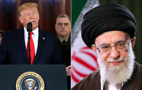 U.S. President Donald J. Trump, left, delivering remarks at the White House after the ineffective Iran missile attack on U.S. and allies in Iraq on Wednesday, January 8, 2020, and Iran Supreme Leader Ayatollah Ali Khamenei, right.