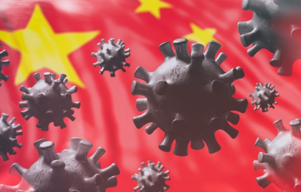 China coronavirus cells to illustrate epidemic pandemic flu virus infection, with a Chinese flag background. (Photo: AdobeStock)