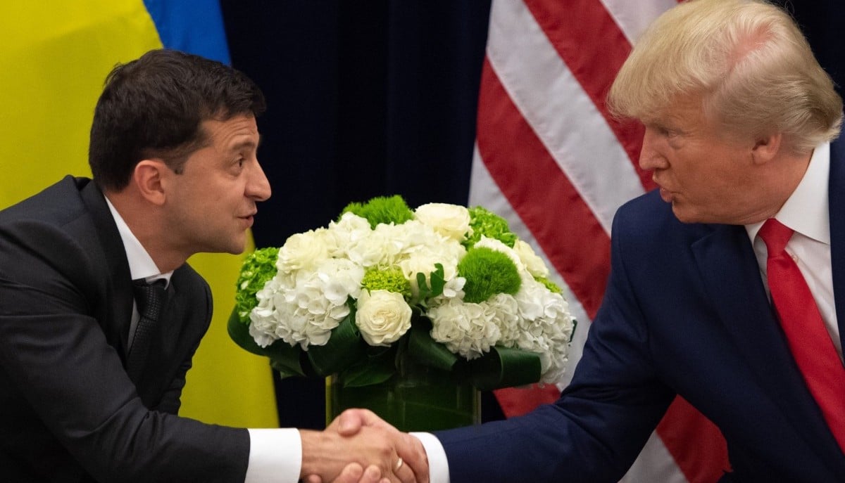 Ukraine's President Volodymyr Zelenskiy and U.S. President Donald Trump face reporters during a bilateral meeting on the sidelines of the 74th session of the United Nations General Assembly (UNGA) in New York City, New York, U.S., September 25, 2019. (Screenshot)