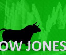 Graphic concept of the Dow Jones Industrial Average (^DJI) behind a black bull pointing to a green ascending chart symbolizing a bullish market. (Photo: AdobeStock)