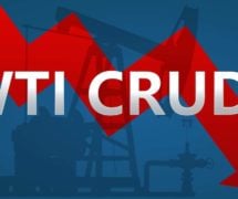 The price of WTI Crude oil is falling. A red zig-zag arrow with an oil well pumpjack behind the word WTI on a blue background shows downwards, symbolizing a price fall or drop of the commodity.