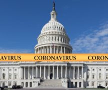 A graphic concept of the coronavirus on a yellow police tape against the backdrop of the Capitol Building in Washington DC. (Photo: AdobeStock)