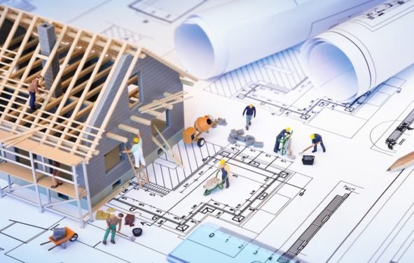 Builder confidence and residential construction, hew homes, housing starts, building permits, depicted on blueprints. (Photo: AdobeStock)