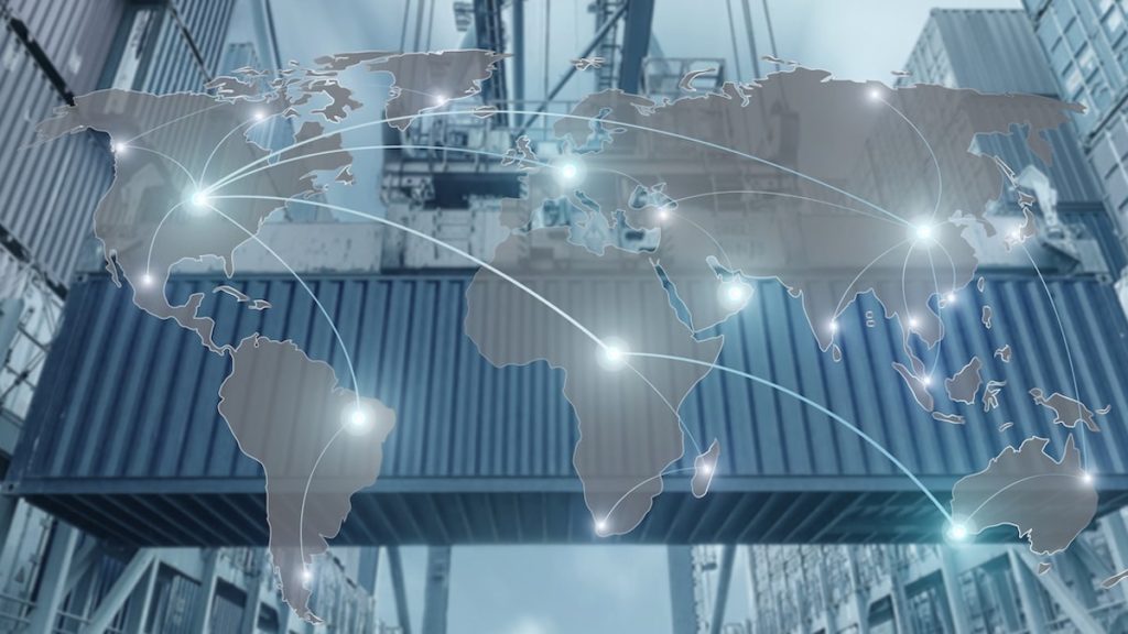 Import, Export, Logistics concept - Map global partner connection of Container Cargo freight ship for Logistic Import Export background (Photo: AdobeStock/Elements of this image furnished by NASA)